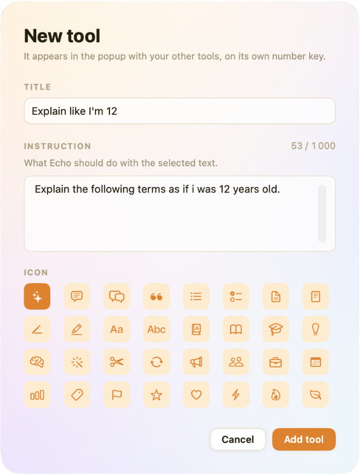 Echo’s New tool editor: a title, the instruction Echo should run, and an icon to pick.